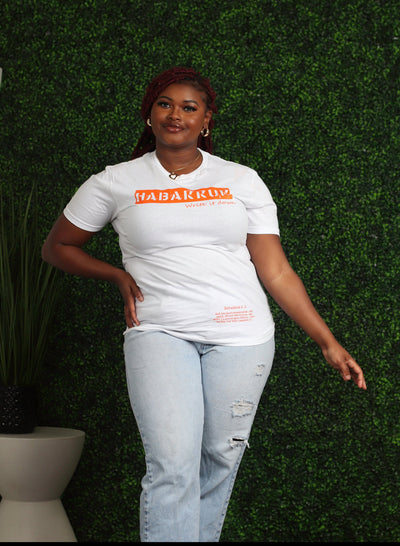 "Spray Box Tee" (White Tee/ Orange Print)