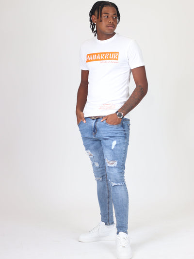 "Spray Box Tee" (White Tee/ Orange Print)